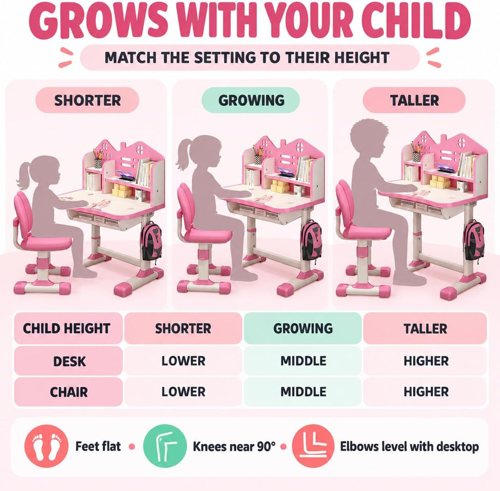 Kids Desk and Chair Set, Height Adjustable Kids Study Table for 6-12