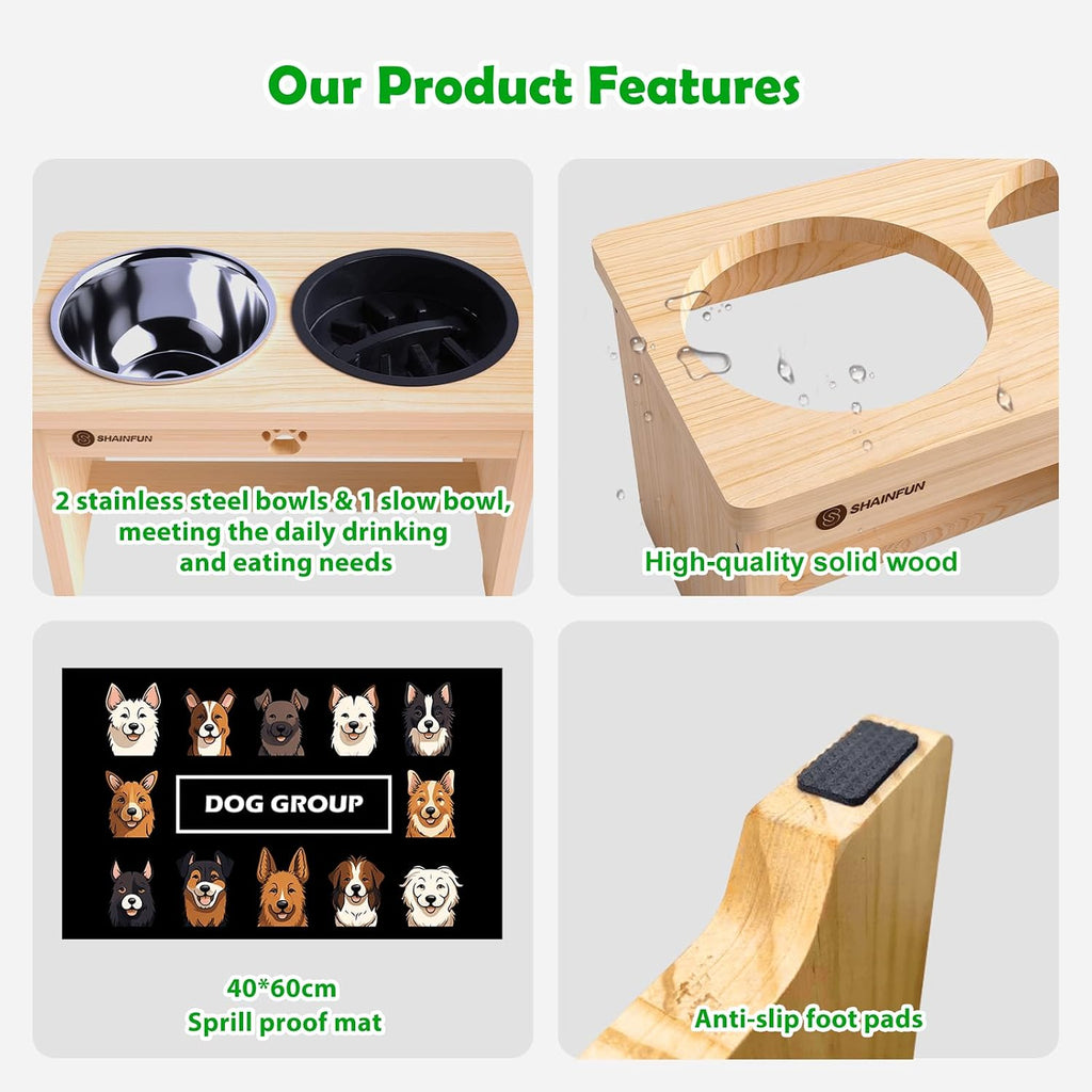 Elevated Dog Bowls with Slow Feeder & Mat for Medium and Large Dogs, 10" Tall Wooden Raised Dog Bowl Stand, 2
