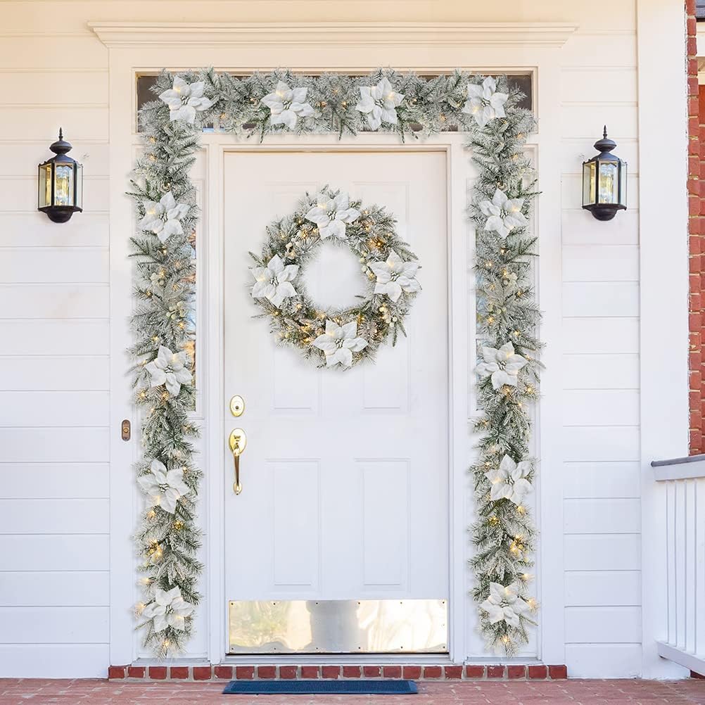 For Mantle, Pre-Lit Snow Flocked Greenery Garland Poinsettia Pine Garland with 50 Warm White Lights and Timer