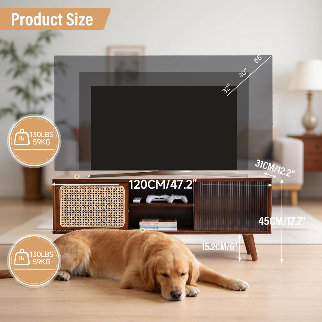 Rattan TV Stand for 55 Inch TV, Bamboo Cabinet with Storage, Walnut