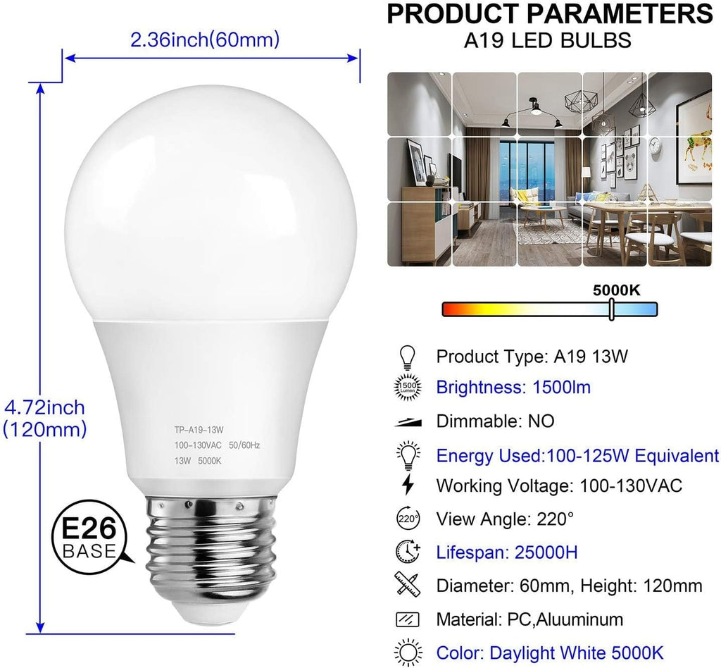 A19 LED Light Bulb 100W Equivalent 5000K Daylight White, 12-Pack