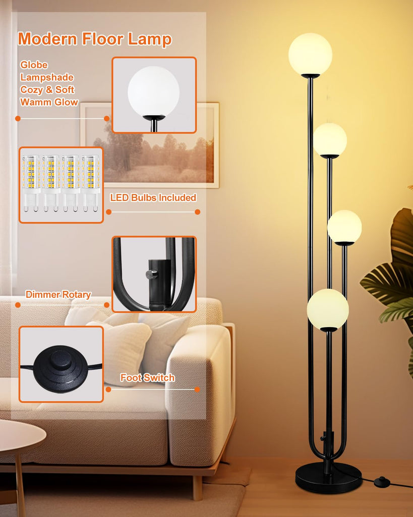 Black Globe Floor Lamp 4-Lights Dimmable Mid Century Floor Lamps