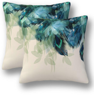 Watercolor Peacock Feather Pillow Covers 18 x 18 Set of 2 Green and Teal Throw Pillow Cover Vintage Decorative