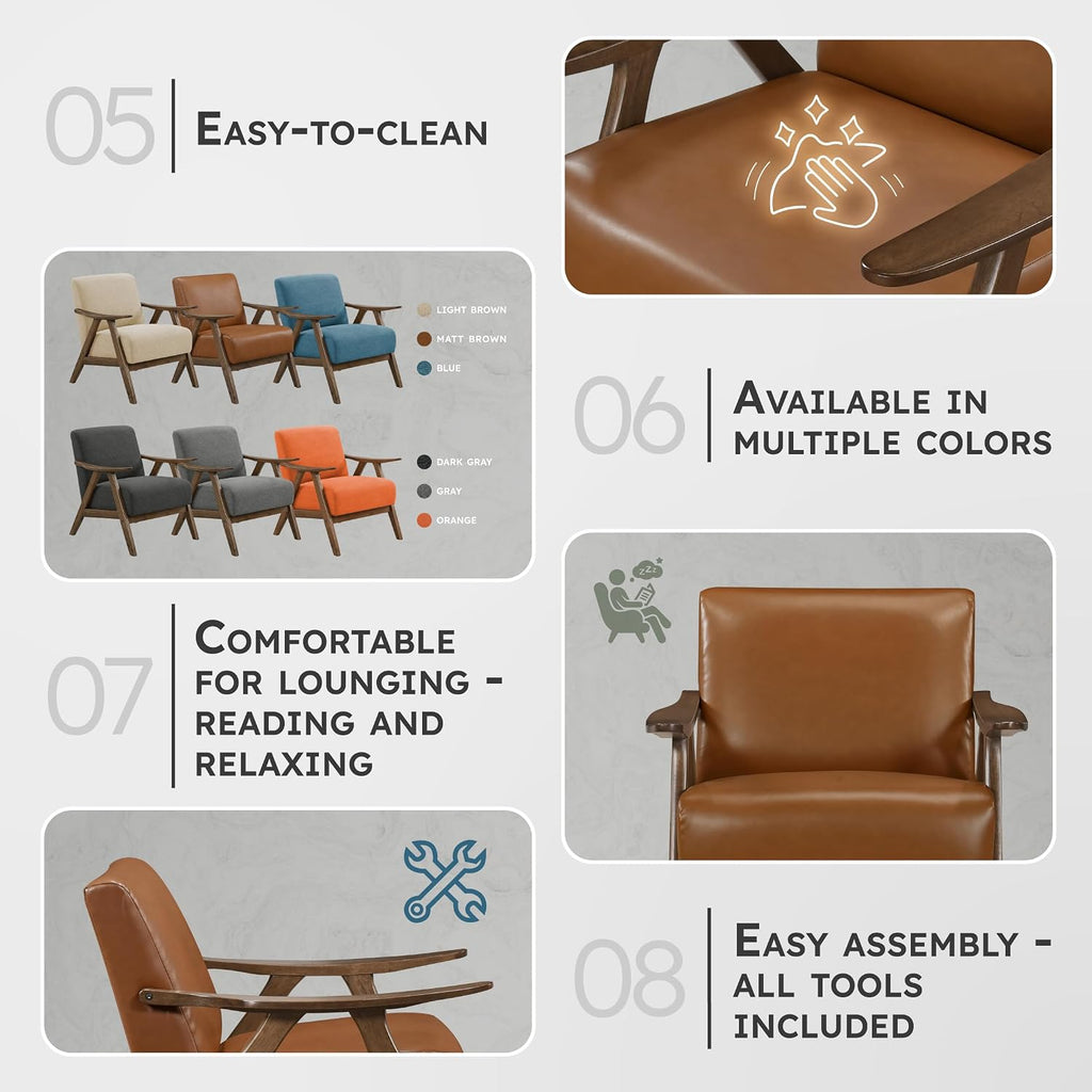 Faux Leather Accent Chair with Walnut Wood Frame, Brown