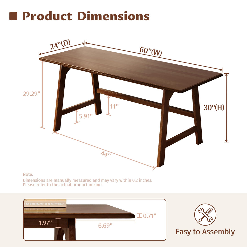 Solid Wood Writing Table - 60" W Minimalist PC Computer Desk, Walnut