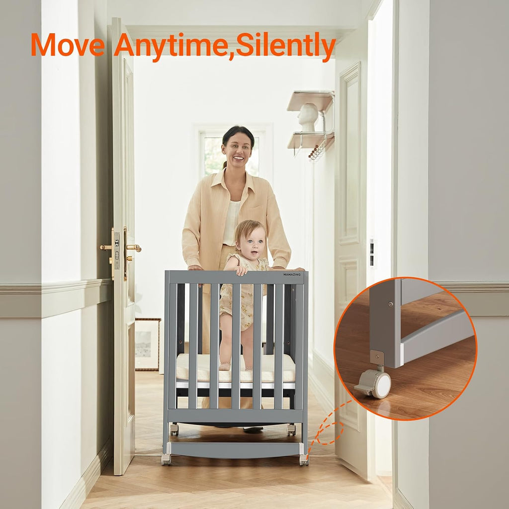 7-in-1 Convertible Baby Mini Crib with Wheels | GREENGUARD Gold Certified, New Zealand Pine Wood, 4