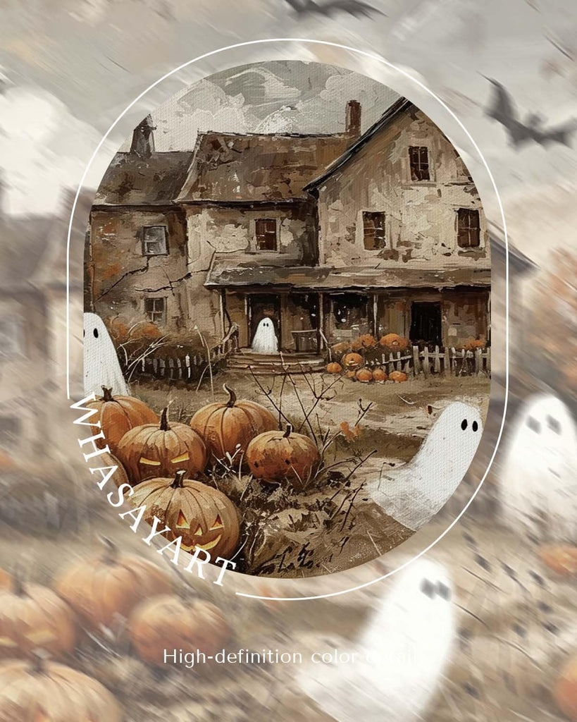 Vintage Framed Cute Ghost Pumpkin Patch Wall Art, Ghost Halloween Print