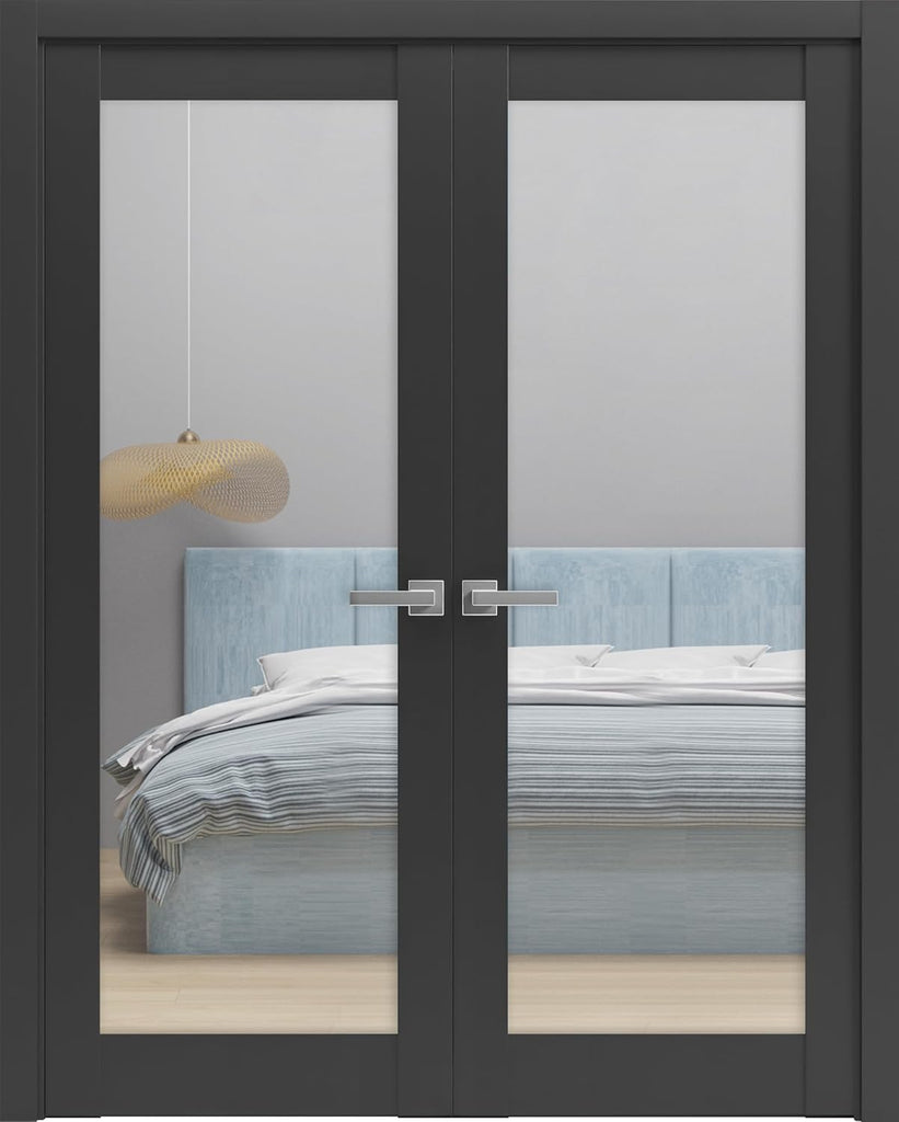 Lucia 2166 | Double Swing Interior French Doors with Glass, Solid Wood, Hardware Included, 84x96, Bl