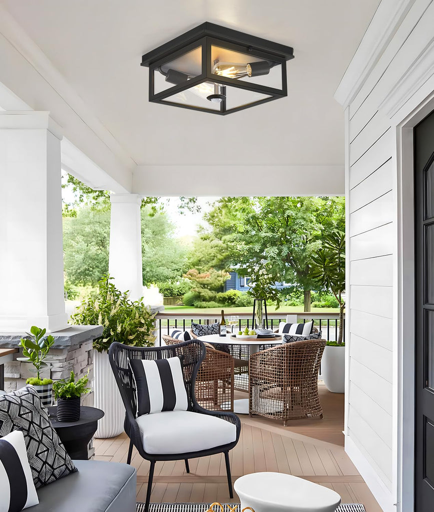 Motion Sensor Outdoor Ceiling Light with Remote, 12.2 Inch Black Flush Mount Porch Light Fixture with United Glass