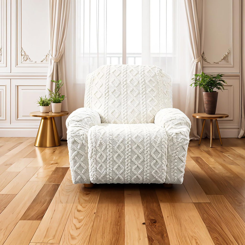 Recliner Chair Covers 4-Pieces, Soft, Stretchable, White, Modern Home Decor, Furniture Protector with Elastic Straps