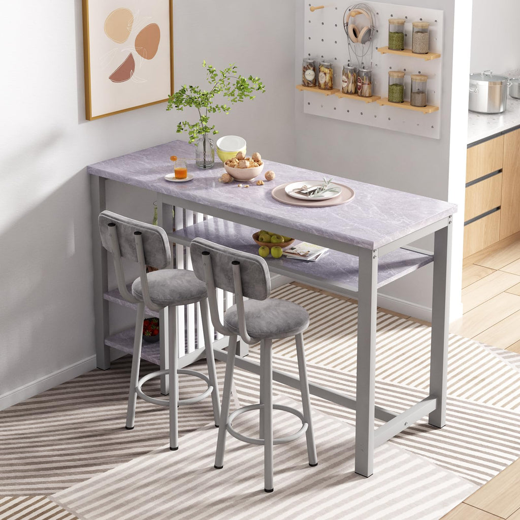 3-Piece Bar Table and Chairs Set, Modern Gray Table with 2 PU Cushion Bar Stools, Kitchen Counter with 3 Tier Storage