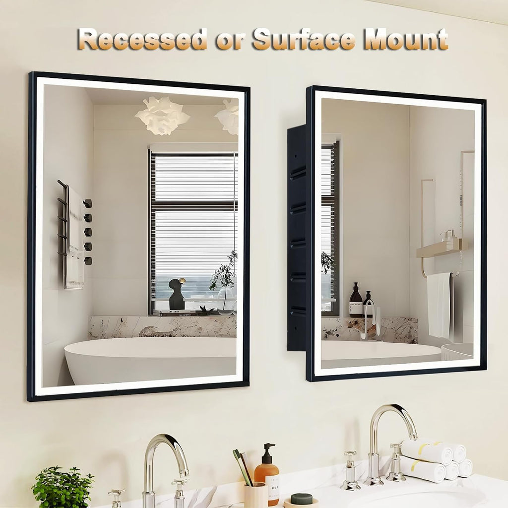 LED Lighted Medicine Cabinet with Mirror, Recessed or Wall Mounted Bathroom Mirror with Storage, Anti-Fog, 3-Color