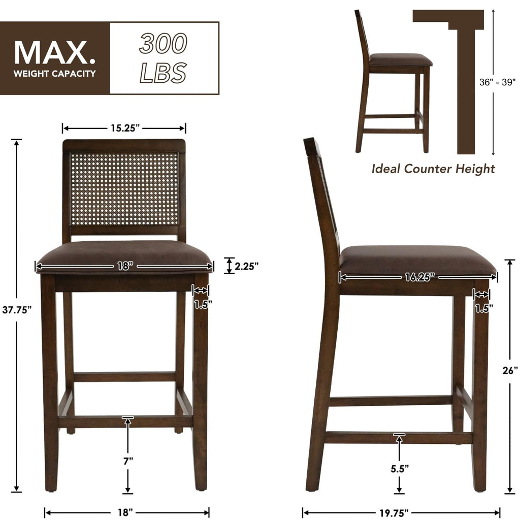 26" Rattan Bar Stools Set of 6, Farmhouse Faux Leather Upholstered Counter Height Stools with Cane Woven Back