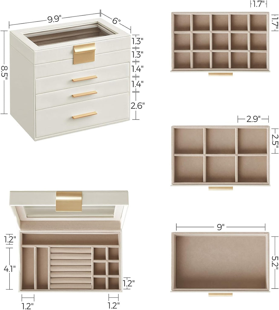 Jewelry Box Organizer, 4-Layer Storage with 3 Drawers, Glass Lid