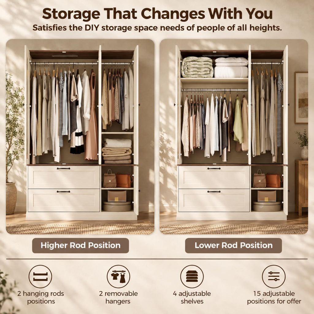 71" H Wardrobe Armoire with Mirror and Sensor Light, Flexible, Antique White
