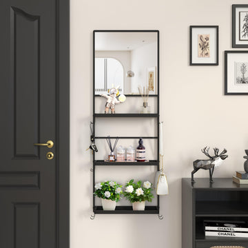 45" X 16" Black Wall Mirror with Shelf and Hooks, Rectangle Mirror for Wall, 3 Trays and 12 Removable Hooks