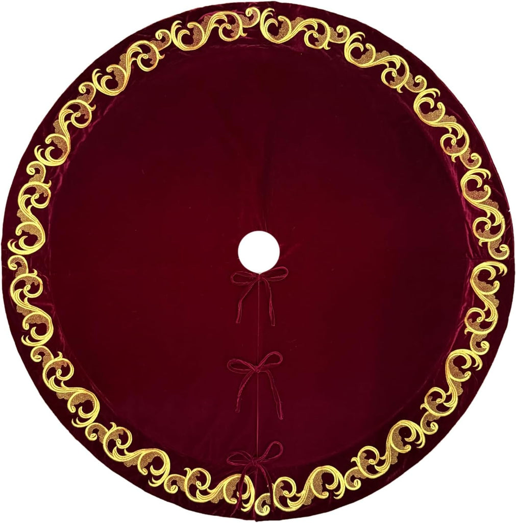 84-Inch Velvet Christmas Tree Skirt with Golden Swirl Embroidery and Lace Tie Closures, Burgundy