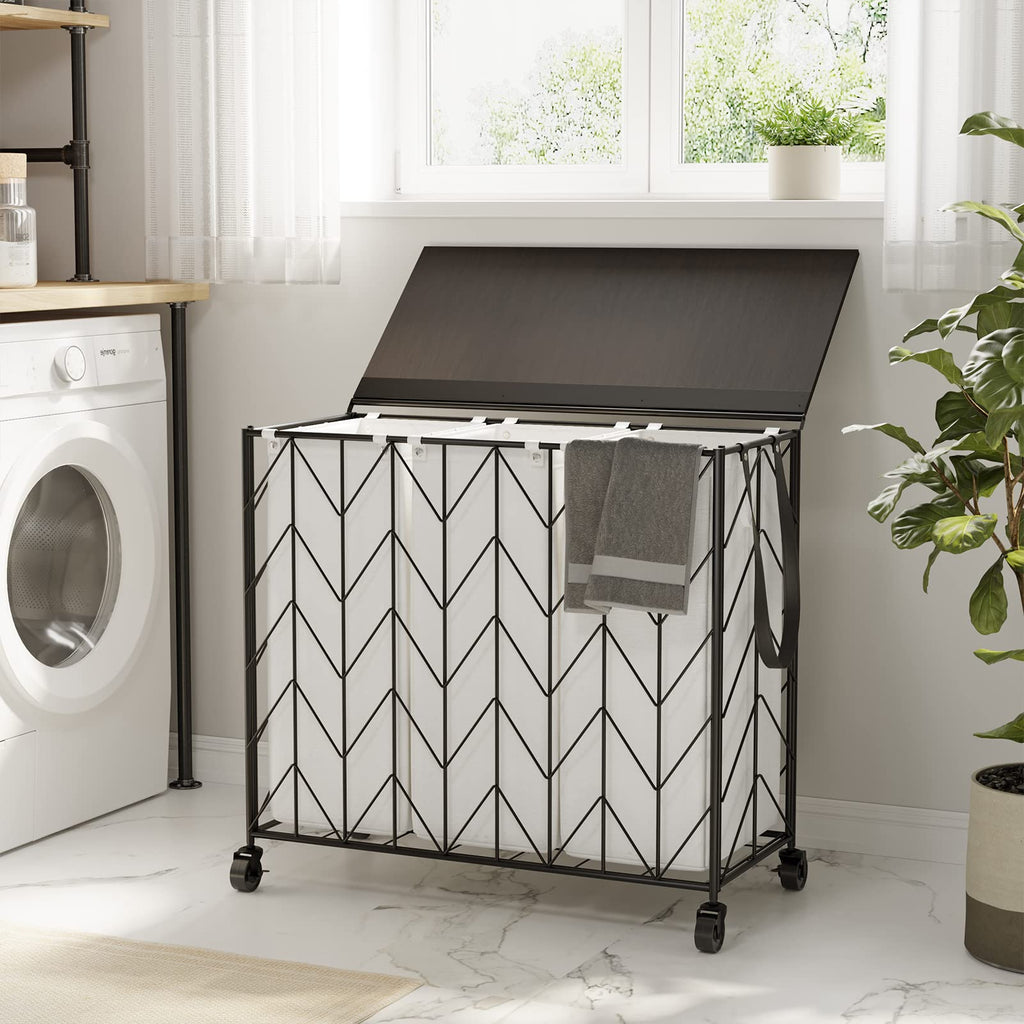 Laundry Hamper 3 Section with Lid, 142L Laundry Basket with Wheels