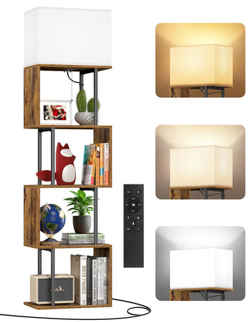Floor Lamp with Shelves & Remote, Dimmable S-Shaped Bookshelf with 3 Color Temperature, 1-Hour Timer, Tall