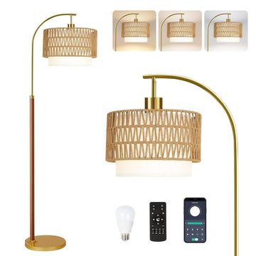 Boho Floor Lamps Wood Floor Lamp with Remote Control, Dimmable Rattan Floor Lamps Farmhouse Gold Standing Lamp with 3