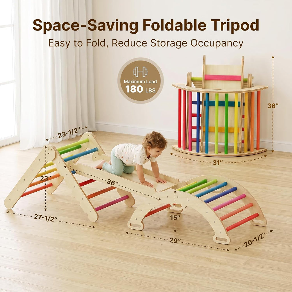 Pikler Triangle Set, Wooden Montessori Climbing Toys for 1-3 Year Old, Foldable in-1 Toddler Baby Indoor Play Gym