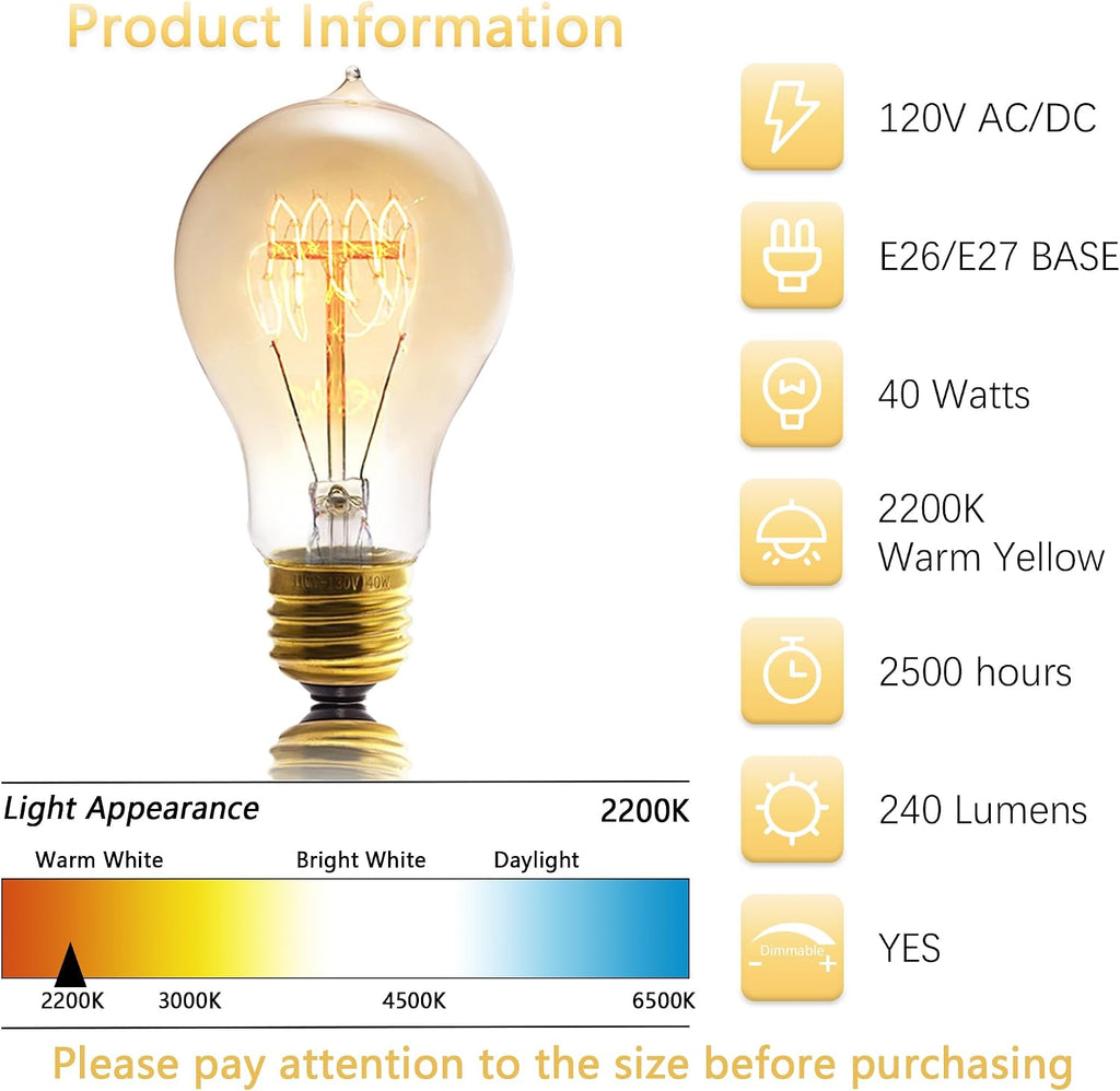 A19 Incandescent Light Bulbs 40W E26 Dimmable Edison Bulbs 2 Pack