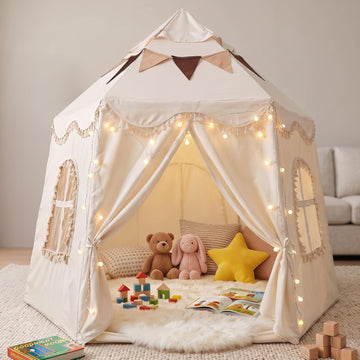 Extra Large Kids Play Tent Indoor 59x51in: Castle Tent with Mat Light Flags
