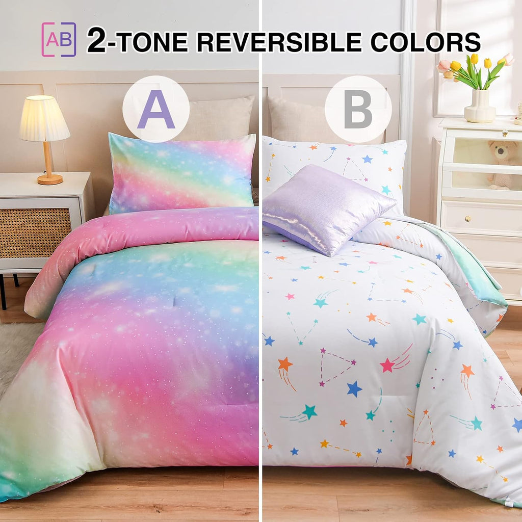 6Pcs Gradient Glitter Bedding Set for Girls Full, Colorful Rainbow Galaxy Comforter Set, Ultra Soft Bedding Sets, Pink