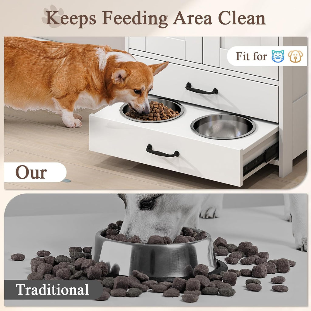 Dog Feeding Station with Elevated Dog Bowls with Storage Drawers