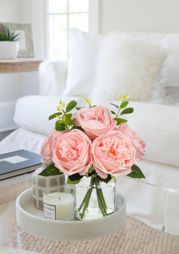 Real Touch Peonies Artificial Flowers Arrangements in Vase Pink Fake Peonies with Glass Vase Silk David Austin Roses