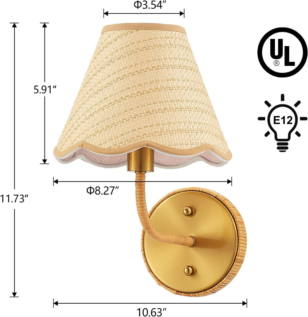 Elycucpa Boho Hand Woven Rattan Wall Sconces Set of Two Rustic Industrial Wall Lamp Brass Farmhouse Wall Lights for