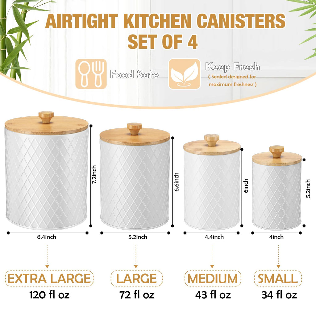 4 Set Black Metal Coffee Canister Set with Bamboo Lid, White, 4 Sizes