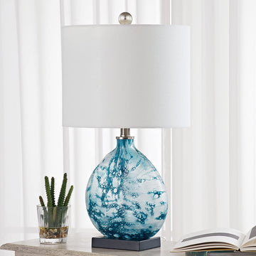 24" Coastal Glass Table Lamp, 3-Way Dimmable Blue Glass Bedside Lamp with White Drum Shade Bedroom Nightstand