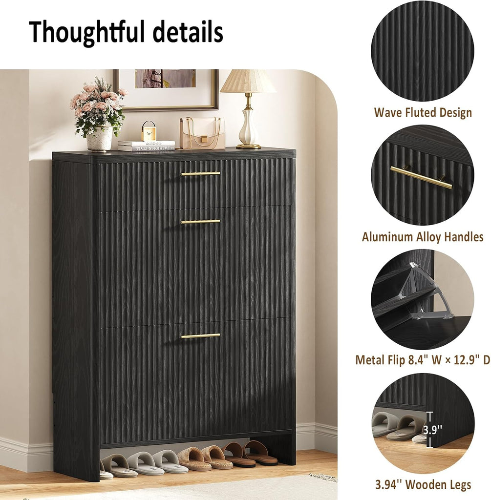 Fluted Shoe Storage Cabinet , Narrow Wooden Shoe Cabinet with 2 Flip Drawers & Pull-Out Drawer, Modern Freestanding