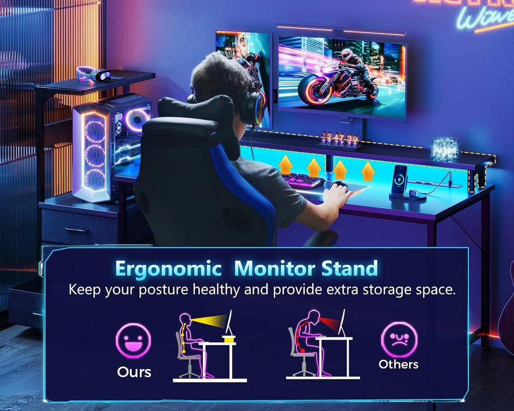 59 Inch Gaming Desk with USB Charging Ports & LED Light - Reversible Computer Desk with 3 Fabric Drawers, Monitor