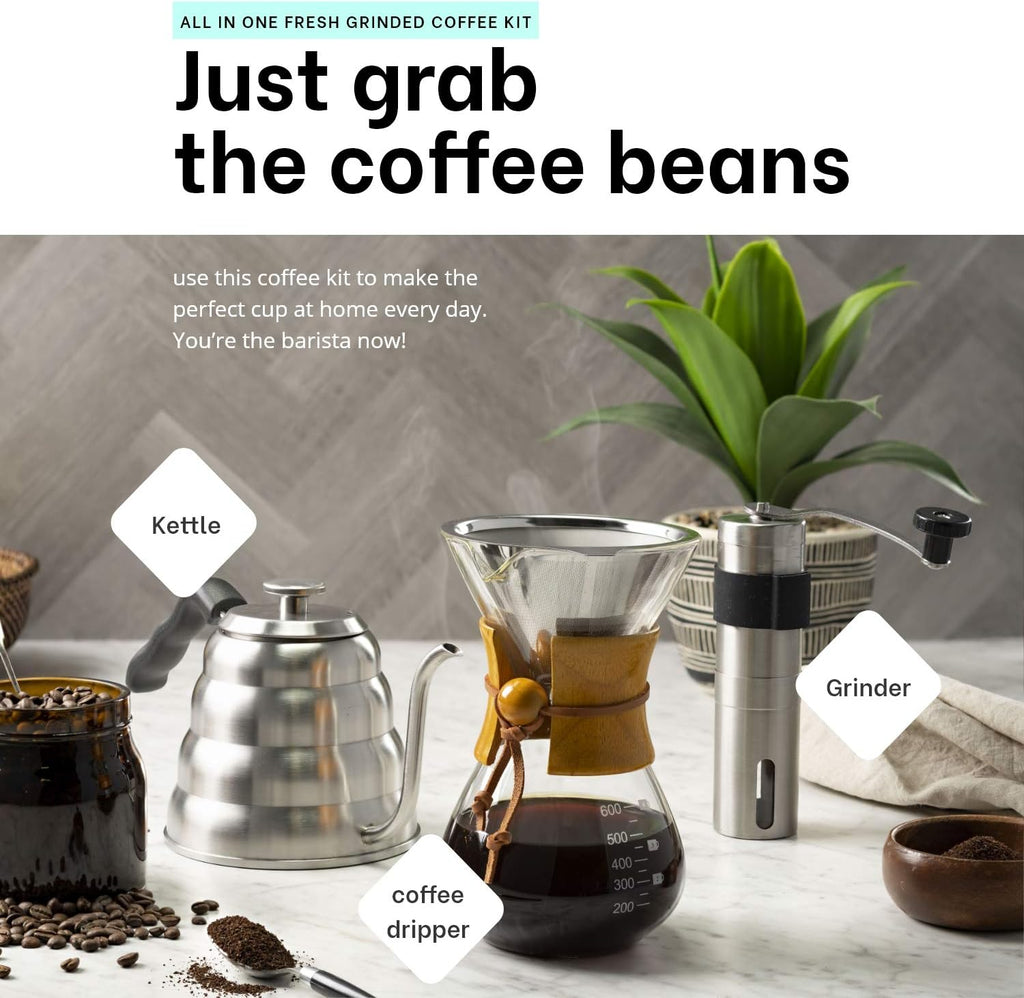 Pour Over Coffee Maker Set | Kit Includes 40 OZ Gooseneck Kettle with Thermometer, Coffee Mill Grinder & 20 OZ Coffee