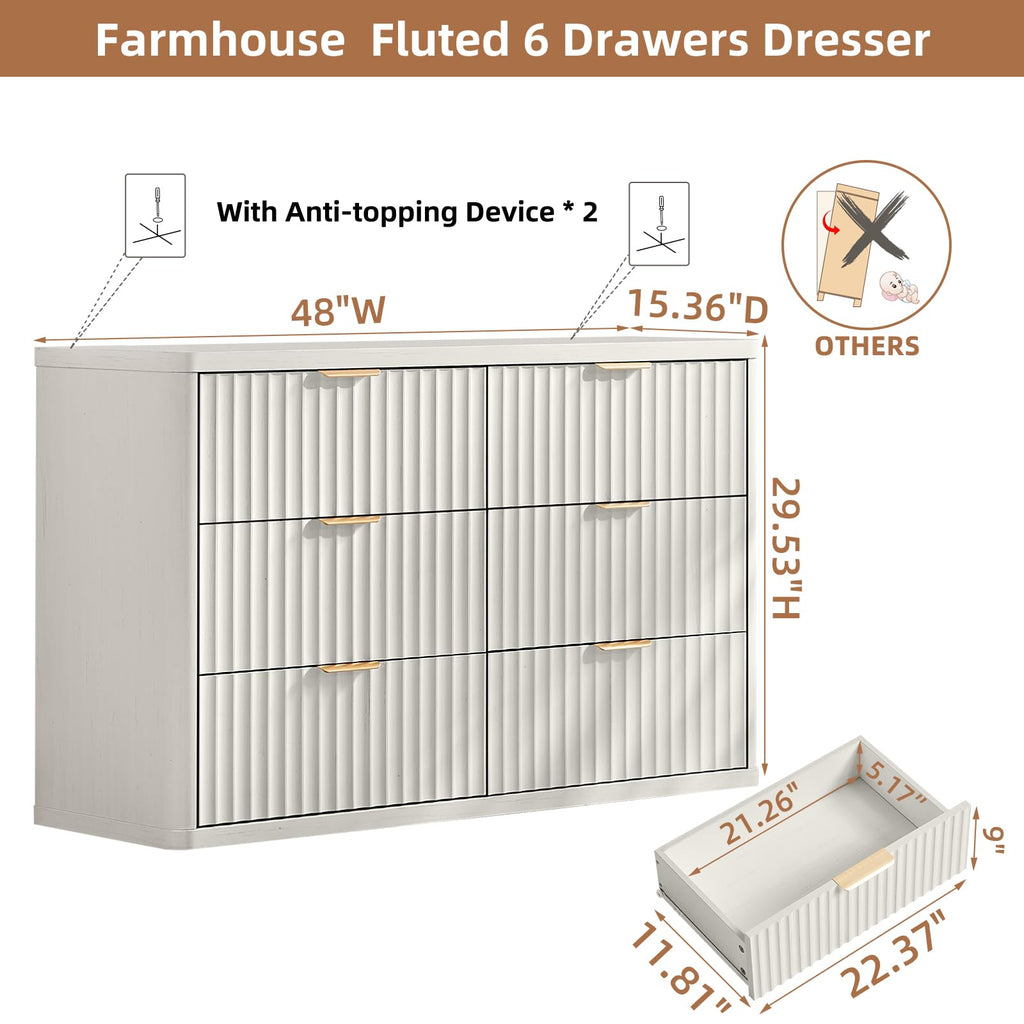 Fluted 6 Drawers Dresser, 48" Wide Modern Chest of Drawers with Wood Grain Top, Curved Profile Design, Dresser TV