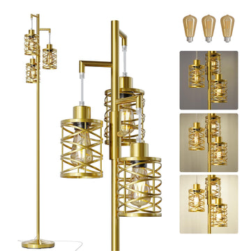 70" Industrial Floor Lamp, Stepless Dimmable Standing Lamp with 3 Bulbs, Farmhouse Corner Standing Tree Lamp, Tall