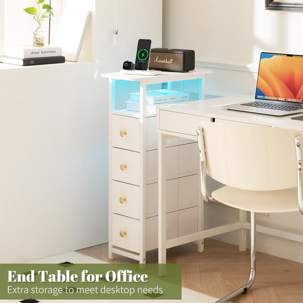 Narrow Nightstand with Charging Station, LED Tall Narrow Side Table