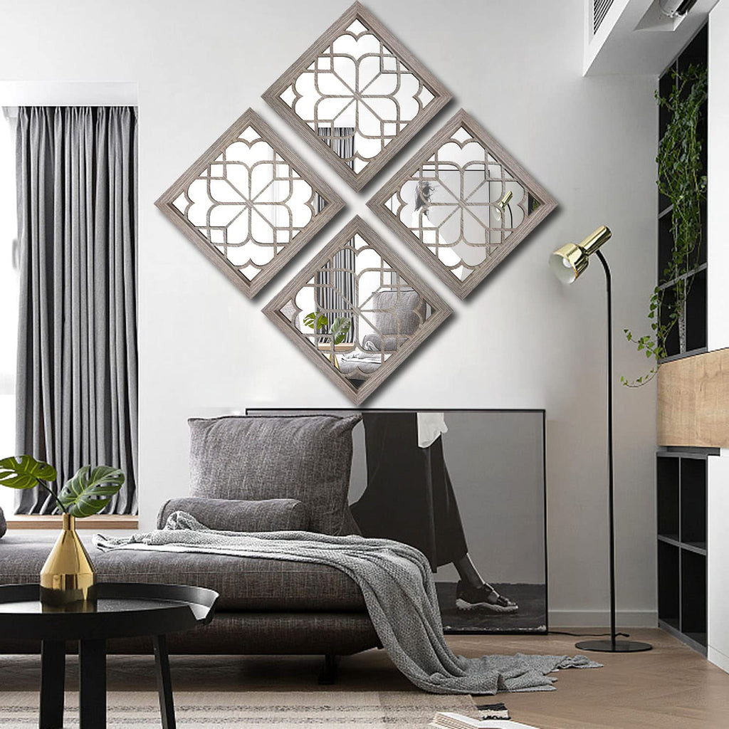 Set of 4 Mirrors Square Wall Mirror,Gorgeous Rustic Farmhouse Accent Mirror,Barn Wood Color Entry Mirror