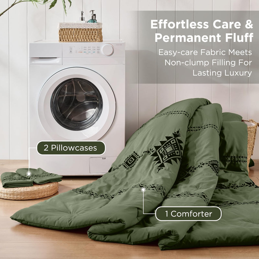 Embroidered Comforter Set King, 3-Piece Boho Bedding, Green