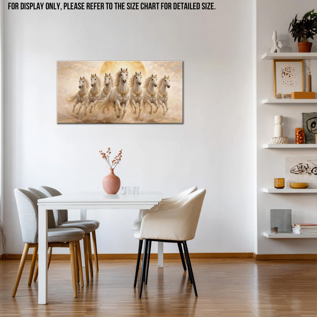 Seven Lucky Running Wild Horses Canvas Wall Art Decor, Gold and Cream White Horse Picture Painting, Framed Artwork &