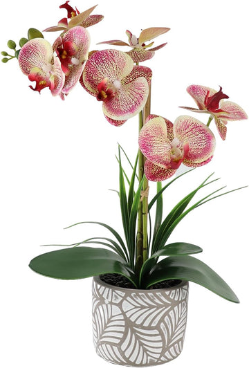 Artificial Orchid Flower Plant, 14.9'' Real Touch Faux Orchid Pink with Ceramic Vase, Fake Orchid Arrangements Home