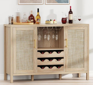 Rattan Wine Bar Cabinet, Boho Rattan Home Bar with Glass Holder and Drawer Style Racks, Oak Sideboard Buffet Storage