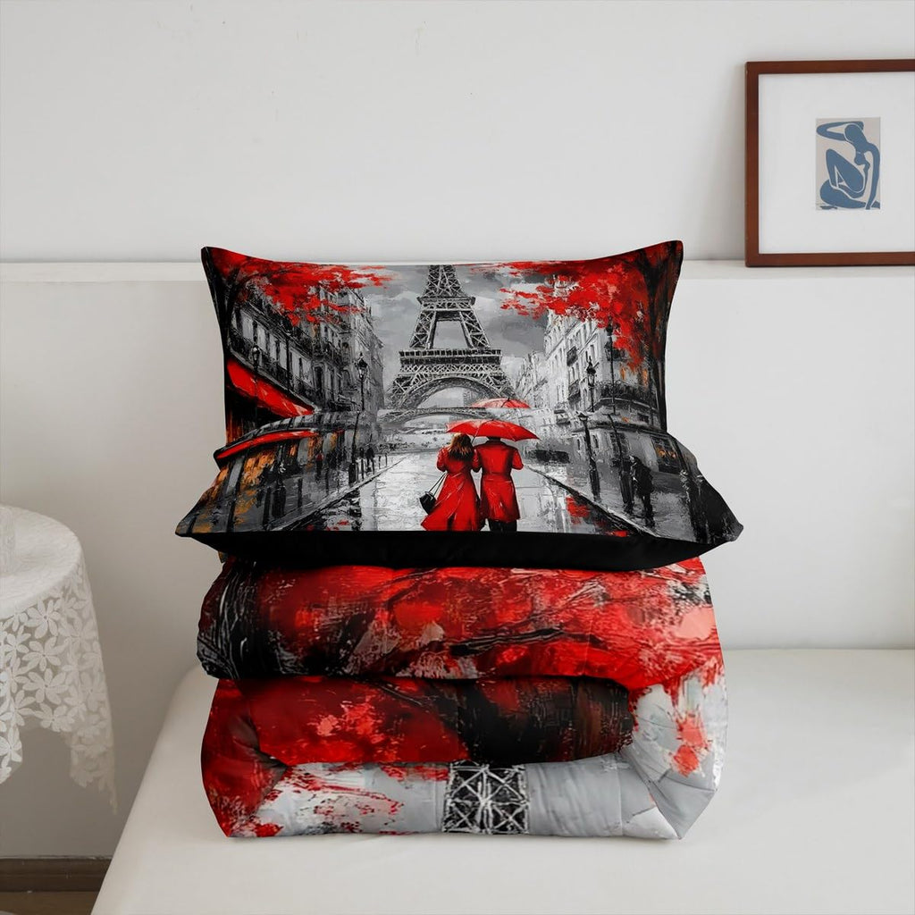 Paris Eiffel Tower Comforter Set Decor, Retro French Cityscape Bedding Set Twin Oil Painting Duvet Set, Paris Gifts