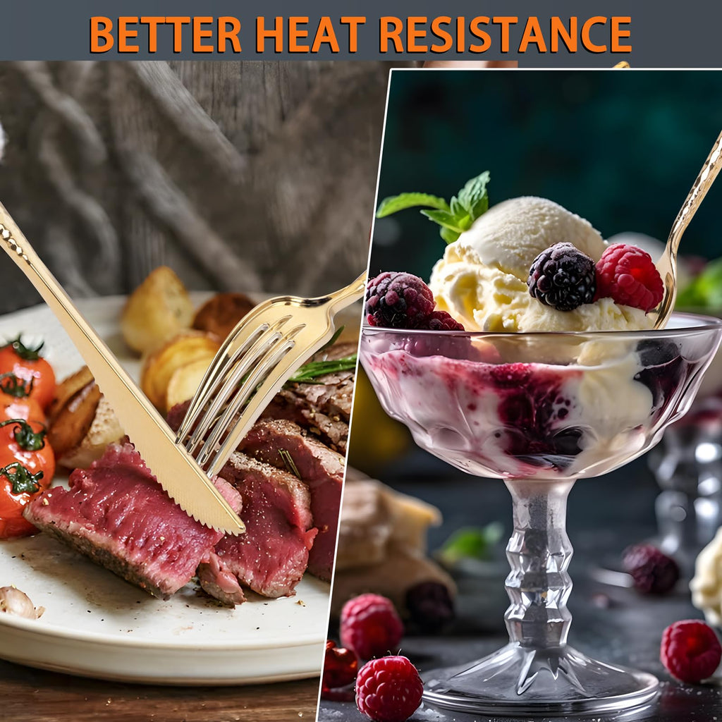 Gold Plastic Silverware, Gold Plastic Utensils, Heavy Duty Silverware, Includes:100 Knives, Forks and Spoons
