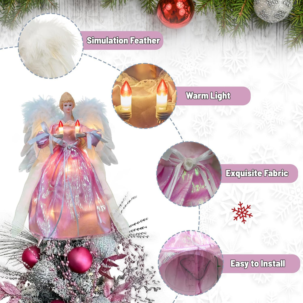 Moving Angel Tree Topper with Lights, 12'' Pink, Separately Controlled Flapping Wings and Bright LEDs, 6 On / 18 Off