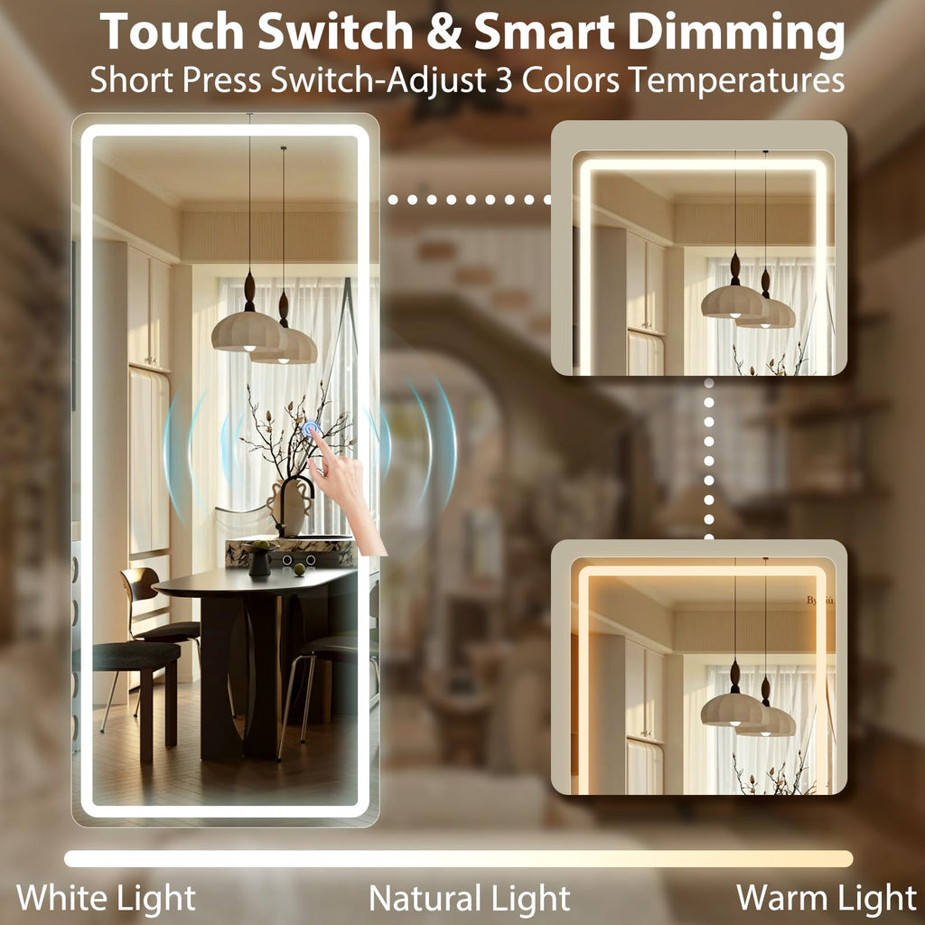 71" x 26" Rounded LED Full Length Mirror - Aluminum Frame Full Body Mirrors Standing Mirror with Dimmable Lights