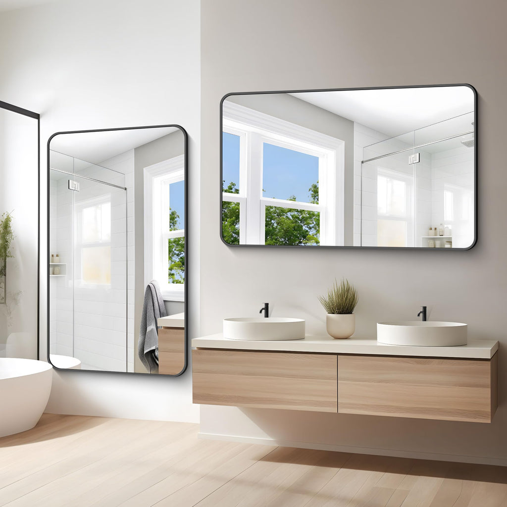 60x36 inch Large Bathroom Mirror,Black Rectangle Mirror,Wall Mounted Bathroom Frame Vanity Mirror with Round Corner