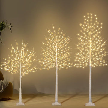 Birch Tree with LED Lights 4+6+8FT, 3PK Artificial Christmas Trees Prelit with 8 Lighting Modes and Timer, Lit
